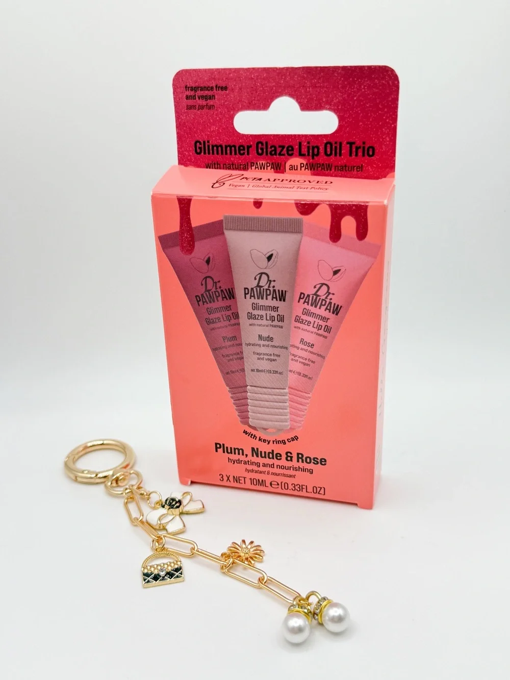 Dr. PAWPAW Glimmer Glaze Lip Oil Trio + Pearl Bloom Charm Gift Set NWT